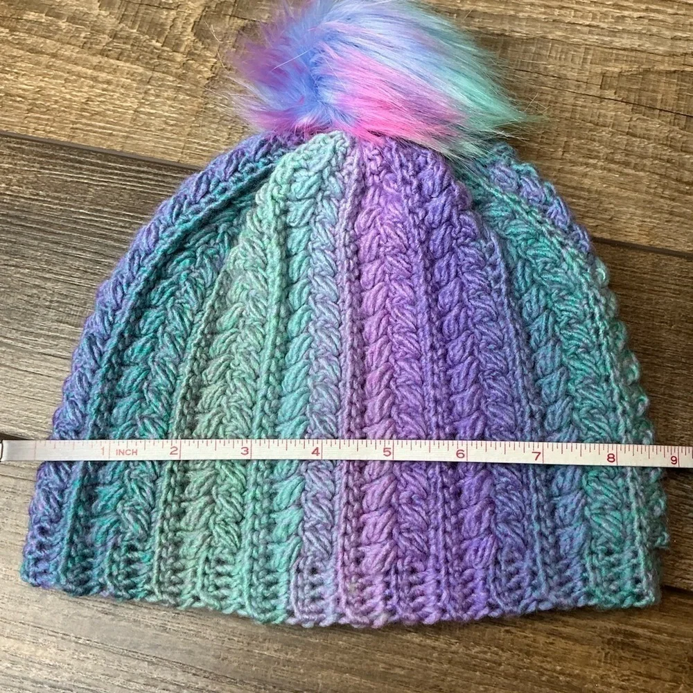 Handcrafted Crochet Winter Hat Blue Purple Snowy Wheat Knit Beanie with Pom Pom